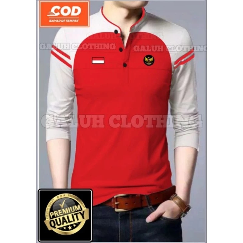 BEST SELLER | Kaos Polo Raglan Kerah Shanghai Tangan Panjang Logo Bordir Garuda Bendera Indonesia Ed