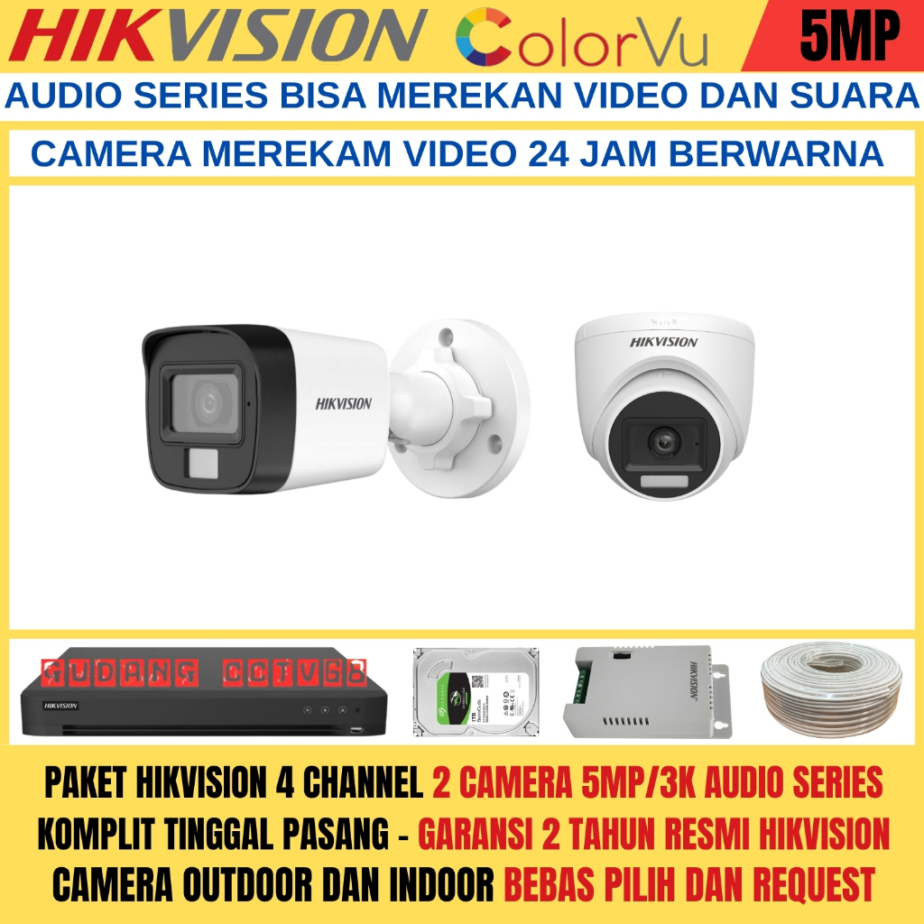 Paket CCTV HIKVISION 4 Channel 2 Camera HIKVISION 5MP Colorvu 3K Full Colour AUDIO SERIES Komplit