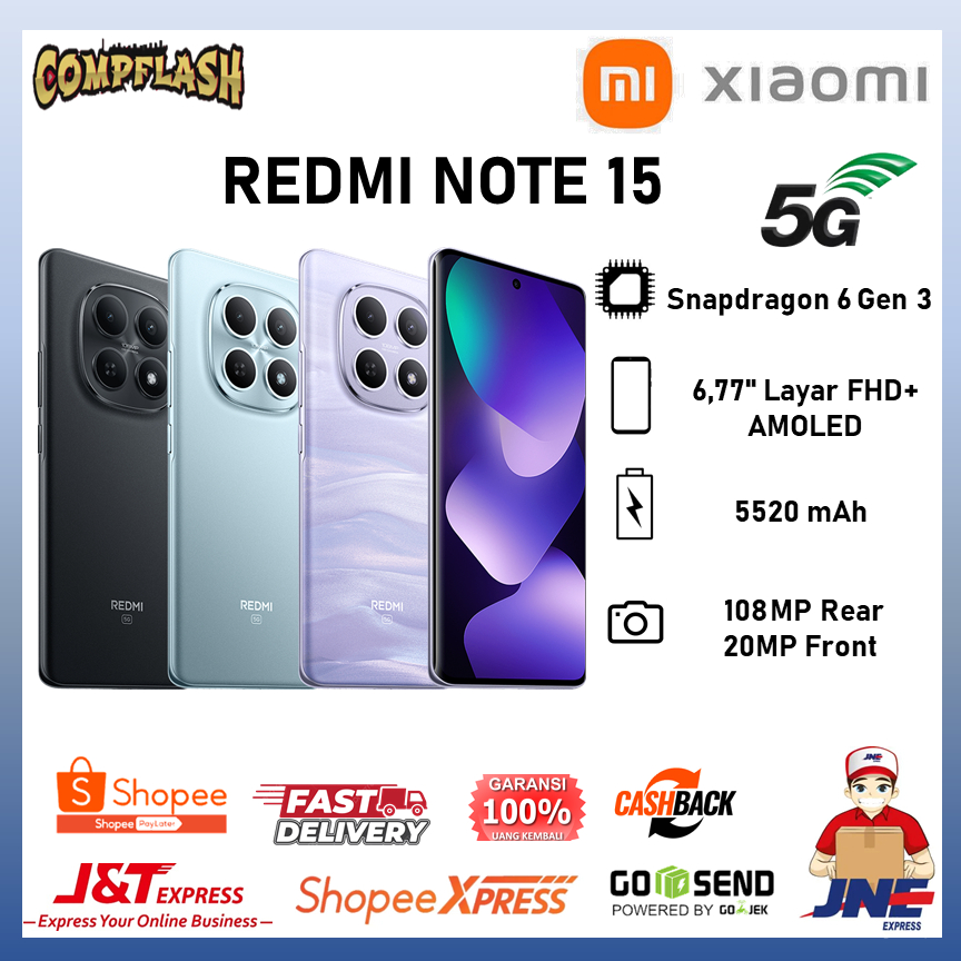 Xiaom Redmi Note 15 5G RAM 12GB/512GB Layar AMOLED 6,77" Prosesor Snapdragon 6 Gen 3 5520 mAh 45 wat