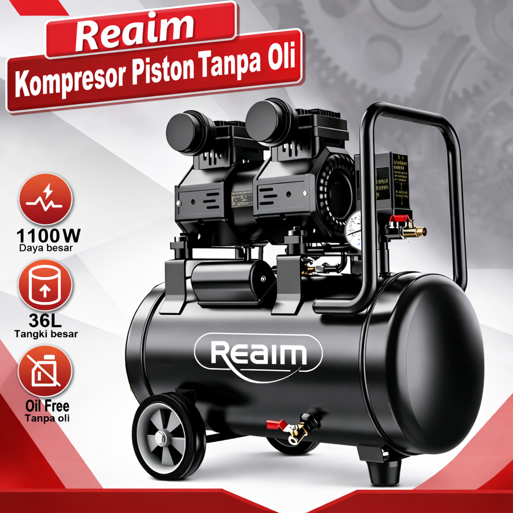 Reaim Kompresor Angin Listrik 36L Oilless Kompresor Listrik 1100W Mesin Pompa Angin Kompresor