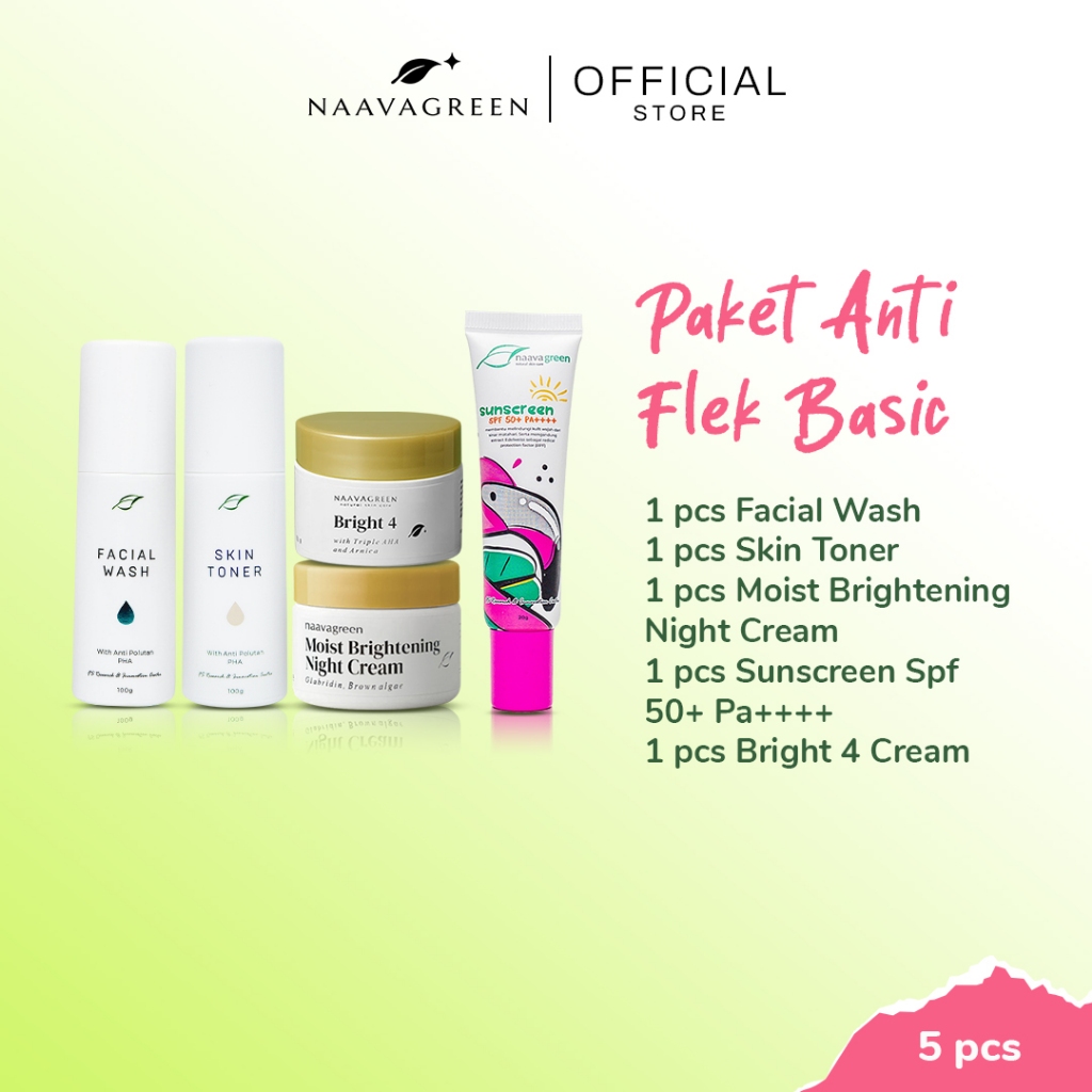NAAVAGREEN Paket Flek Basic - 5 Pcs: Facial Wash, Skin Toner, Bright 4 Cream, Moist Brightening Nigh