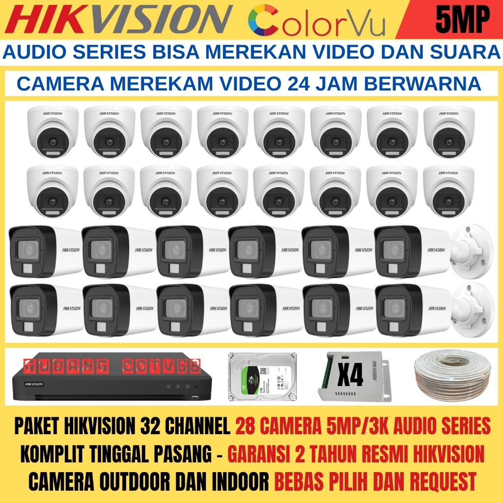 PAKET CCTV HIKVISION DVR 32 CHANNEL 28 CAMERA HIKVISION 5MP FULL COLOUR 3K COLORVU AUDIO SERIES