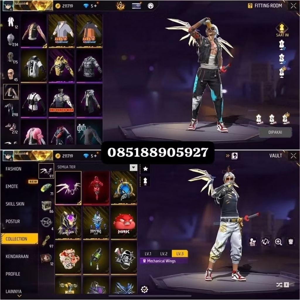 AKUN FF SULTAN-LEVEL TINGGI, SKIN LENGKAP READY AKUN FF MURAH-BAGUS FULL SKIN