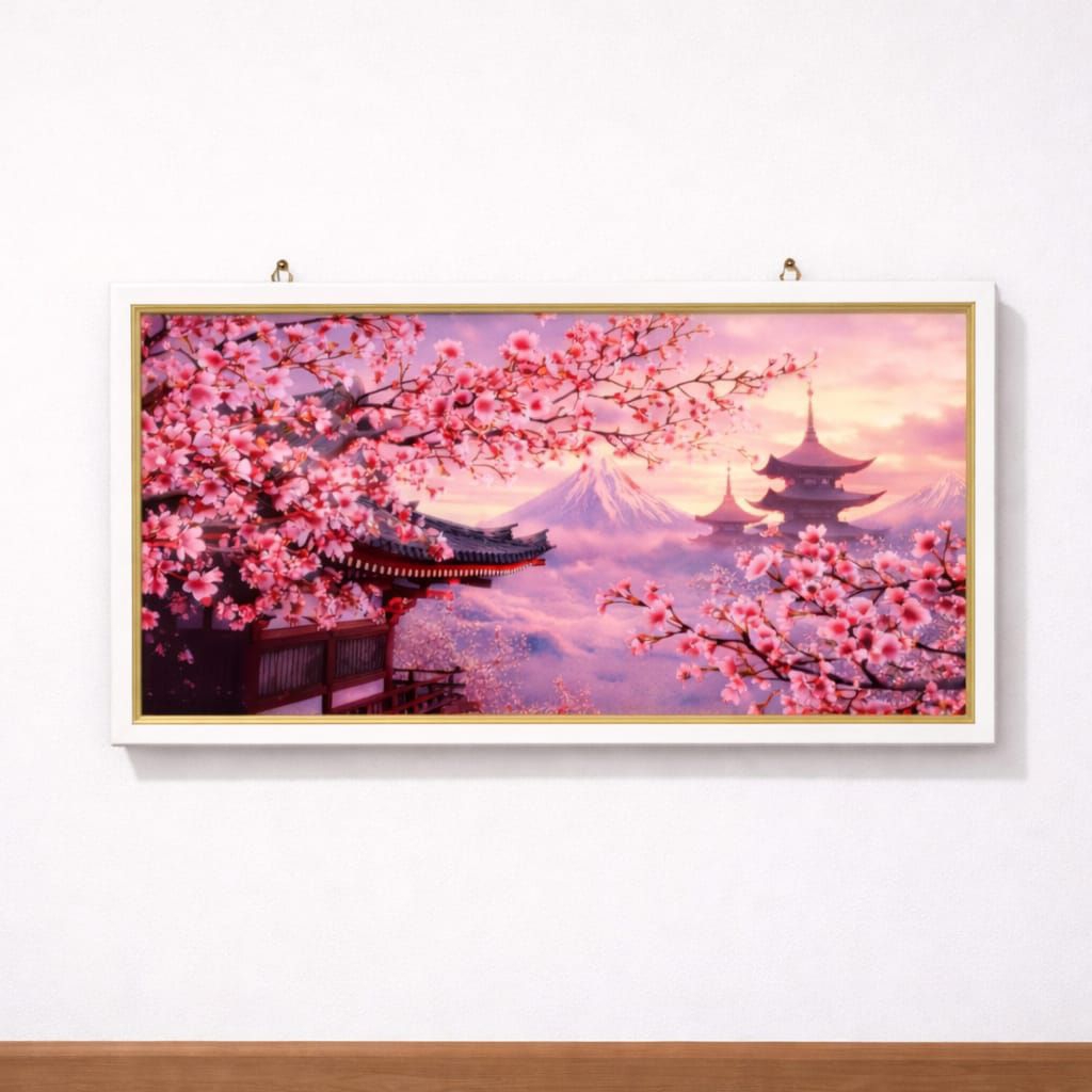 Hiasan dinding lukisan cetak gambar pemandangan Bunga sakura plus Bingkai kayu ukuran 100×50cm