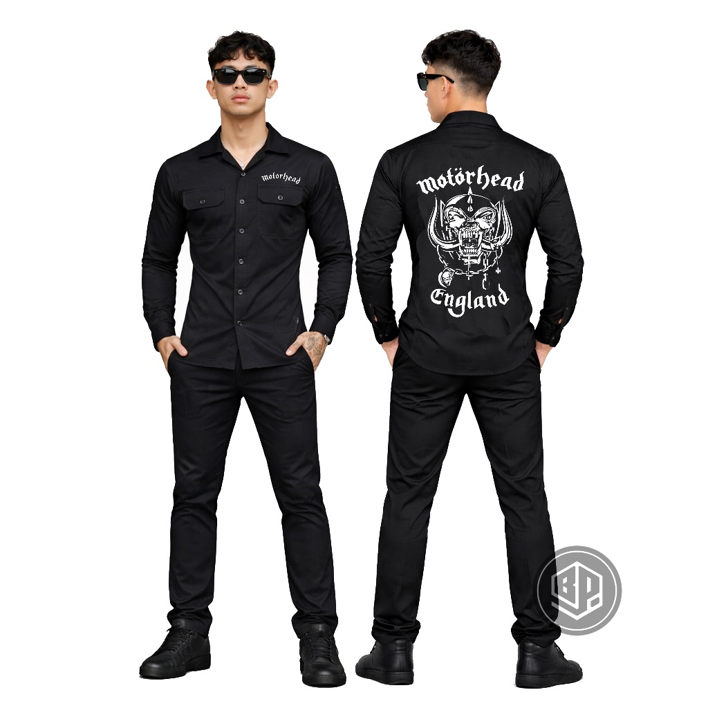 Kemeja Pria Motorhead Hitam Lengan Panjang Kancing Dada Dua Saku Motif Metal Sablon DTF Berkualitas
