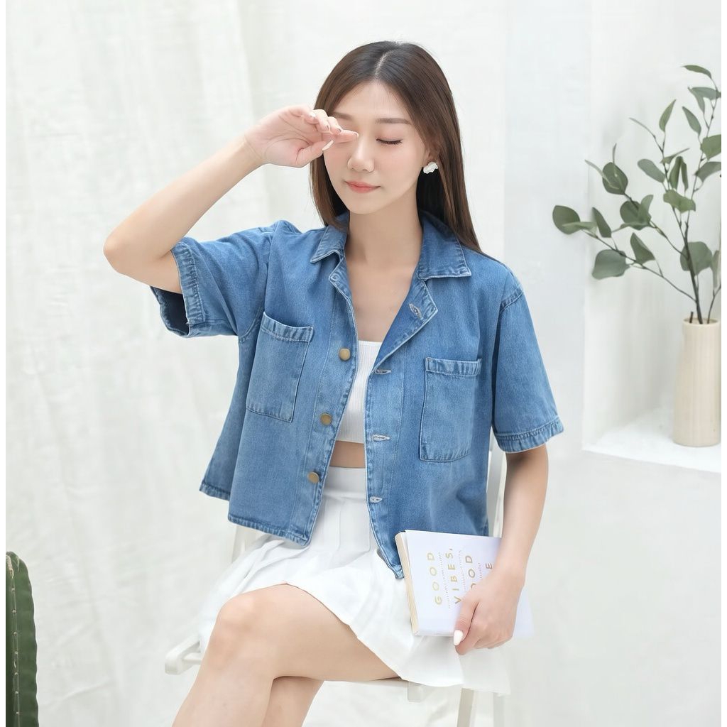 Kemeja Shirt jeans Denim wanita atasan wanita lengan pendek kemeja jeans crop