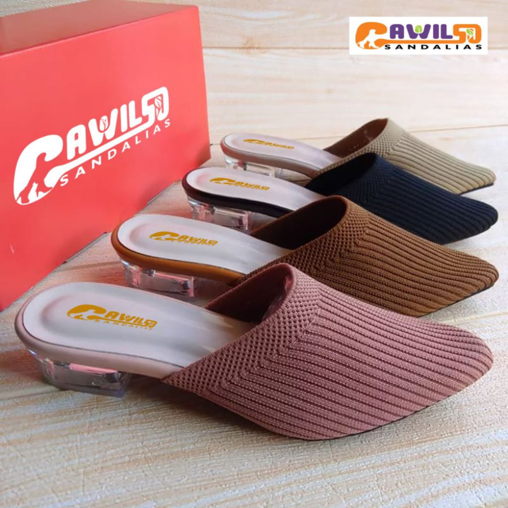sandal heels wanita rajut elastis hak kaca 2cm