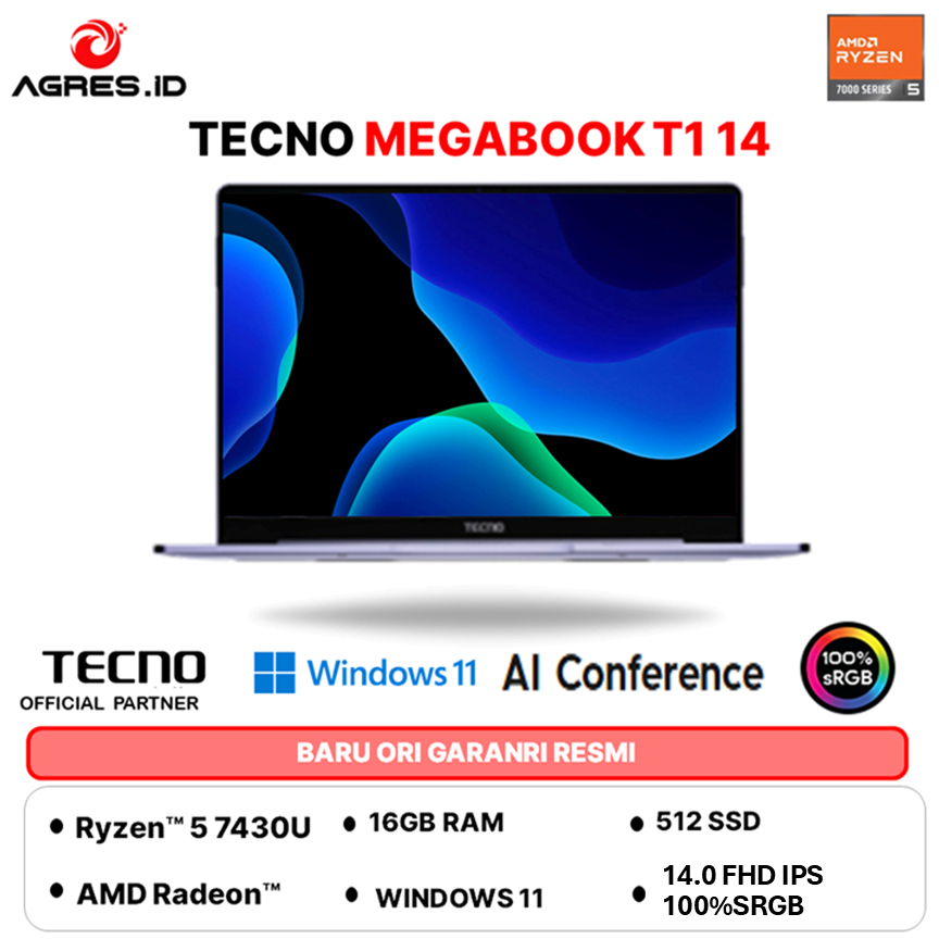 TECNO MEGABOOK T1 14 AMD RYZEN 5 7430 - RAM 16GB 512GB W11+OFFICE PERMANEN 14.0 FHD IPS 100SRGB 1.39