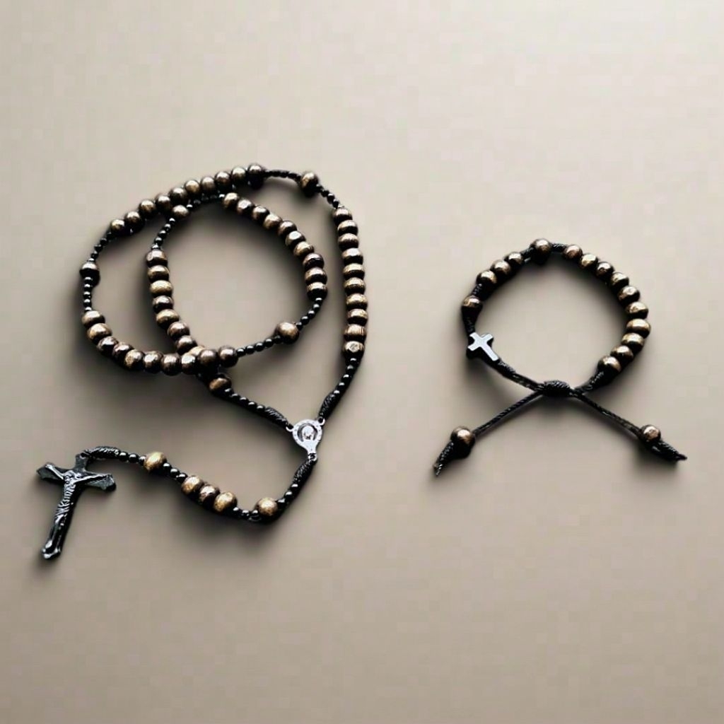 RG214 PAKET ROSARIO + GELANG KAYU ASLI KONTAS KATOLIK