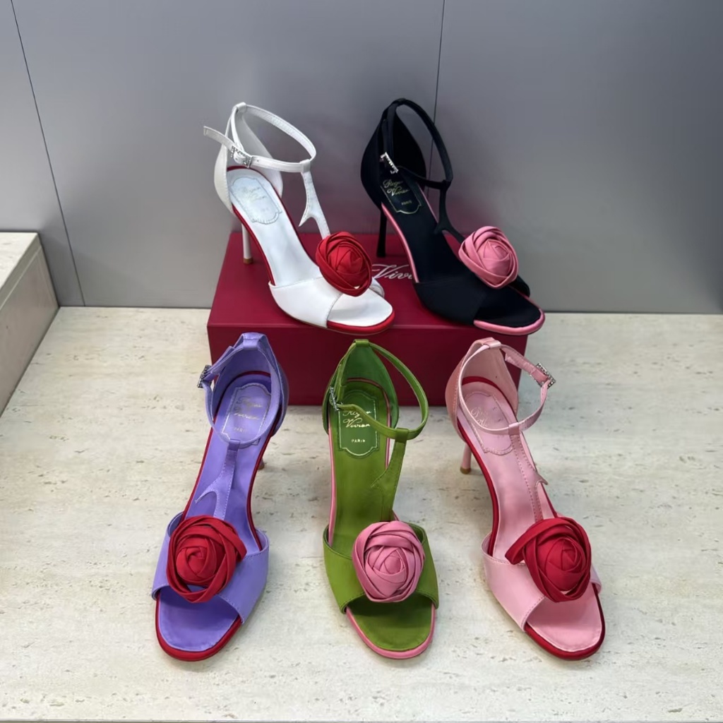 High Heels Wanita Tali Satin Aksen Bunga Ros Sandal Formal Warna Putih Hitam Ungu Hijau Pink