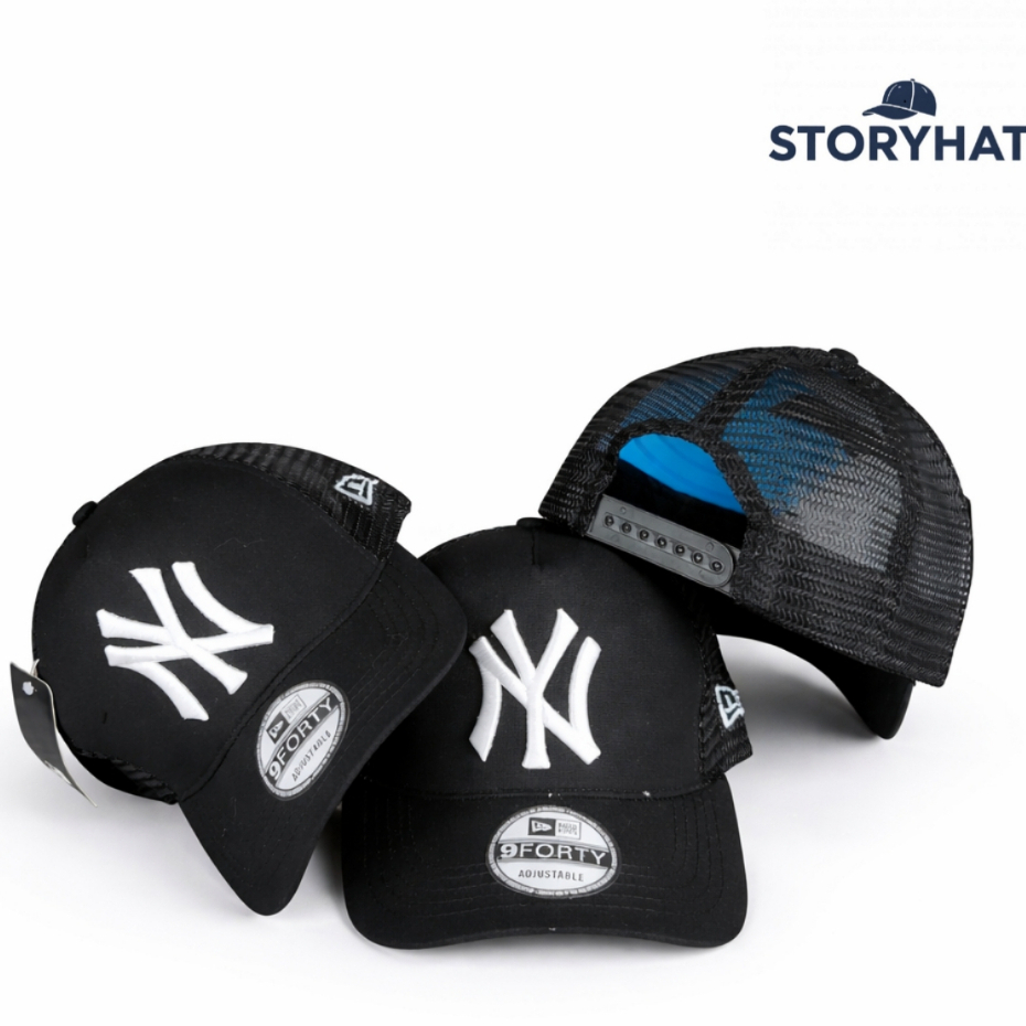 Topi Trucker Jaring NY Hitam Bordir Putih