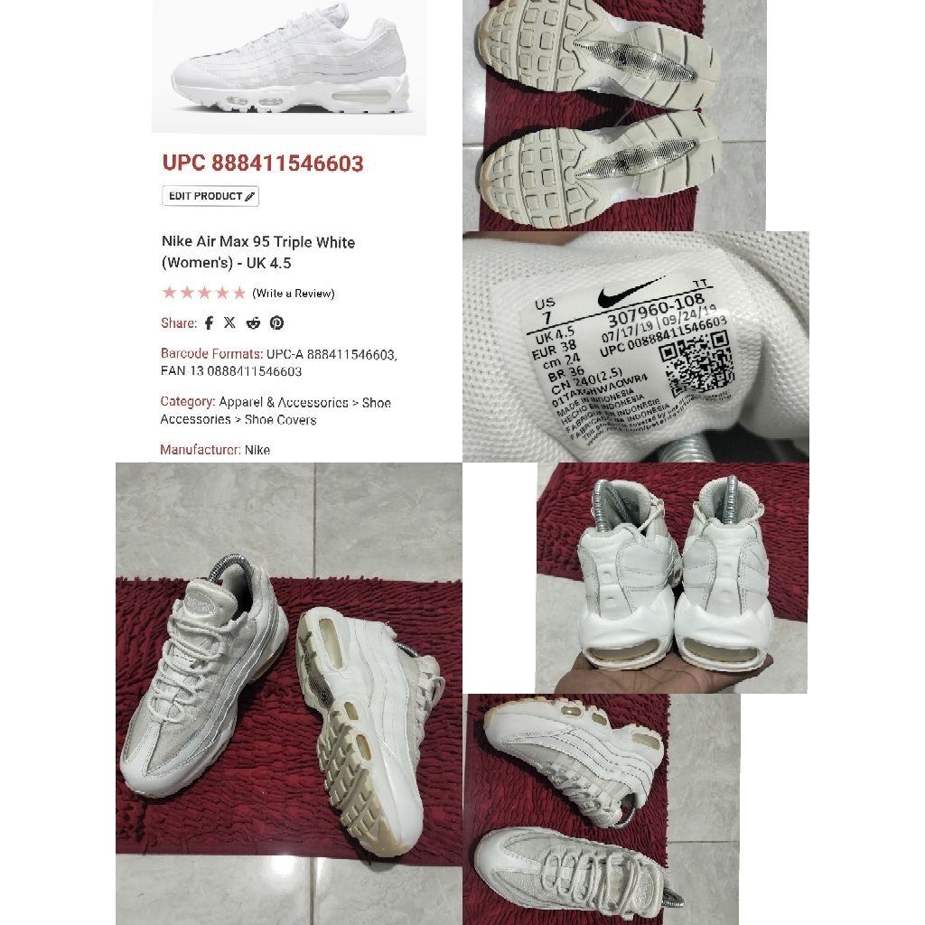Sepatu Preloved Second Original Nike Airmax 95 Triple White