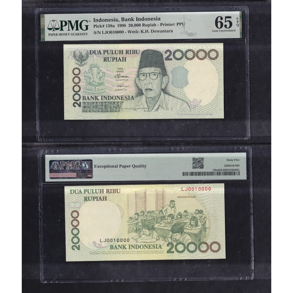 Uang kuno PMG 65 EPQ - 20000 rupiah tahun 1998 Ki Hajar Dewantara S/N (Cantik) LJO010000 ..