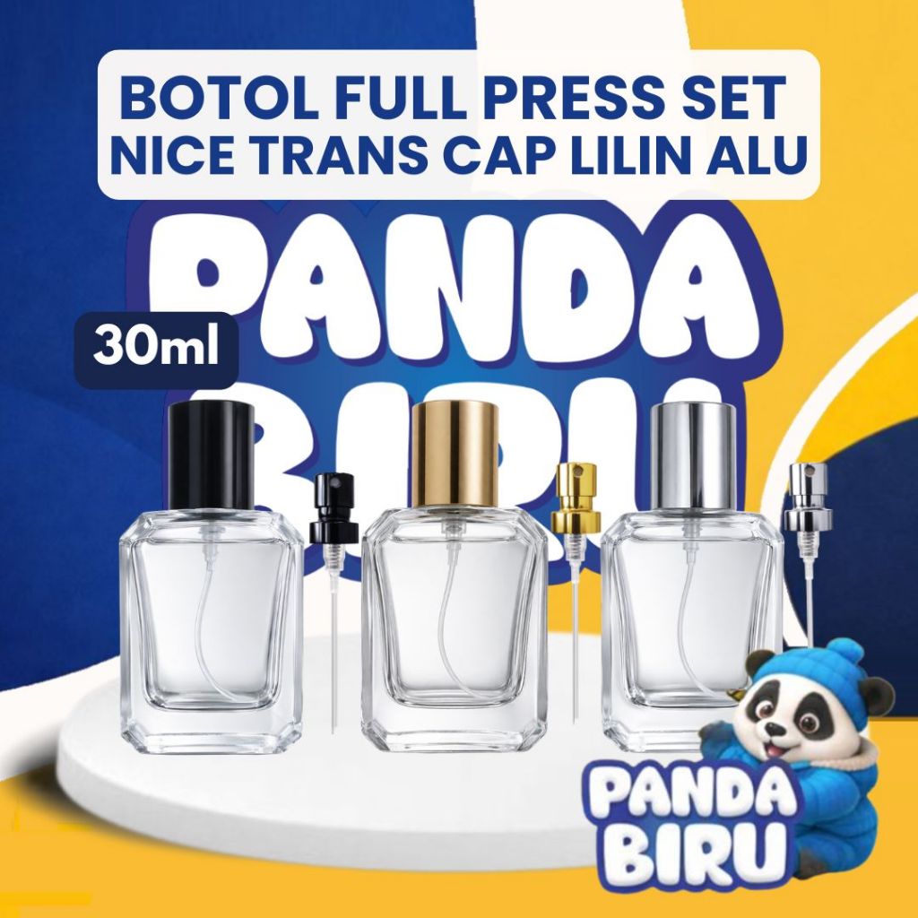 Botol Parfum Full Press Set Nice TRansparan 30ml Cap Lilin Alu - Botol Minyak Wangi - Panda Biru