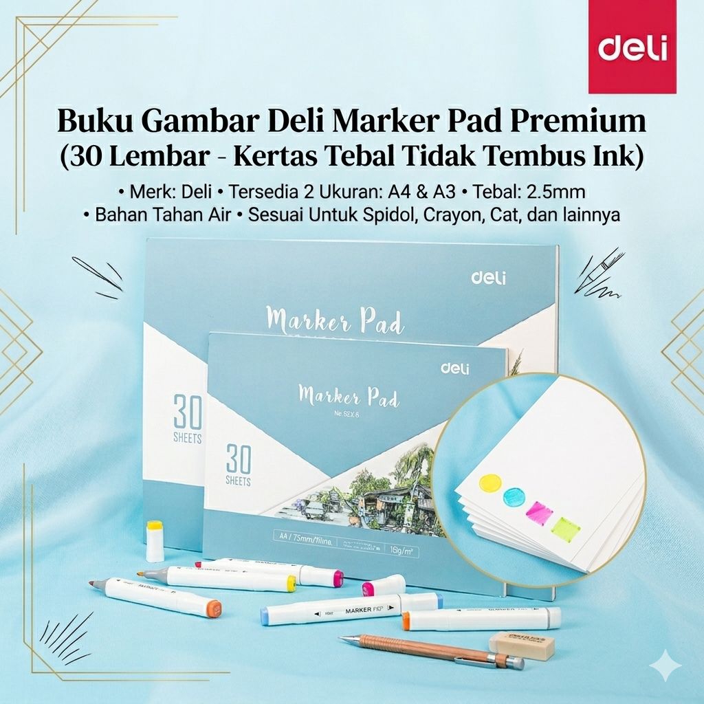 "Buku Gambar Deli Marker Pad Premium (A4/A3) - 30 Lembar | Drawing Book Kertas Tebal Tidak Tembus In