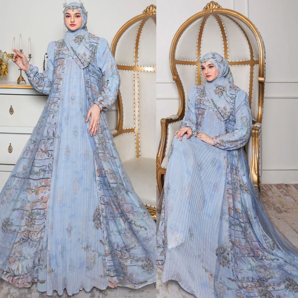 DAYANA SERIES||HUMAIRA SYAR'I||GAMIS CERUTY PREMIUM MIX TULLE PAYET MUTIARA SET JILBAB DRESS PESTA M