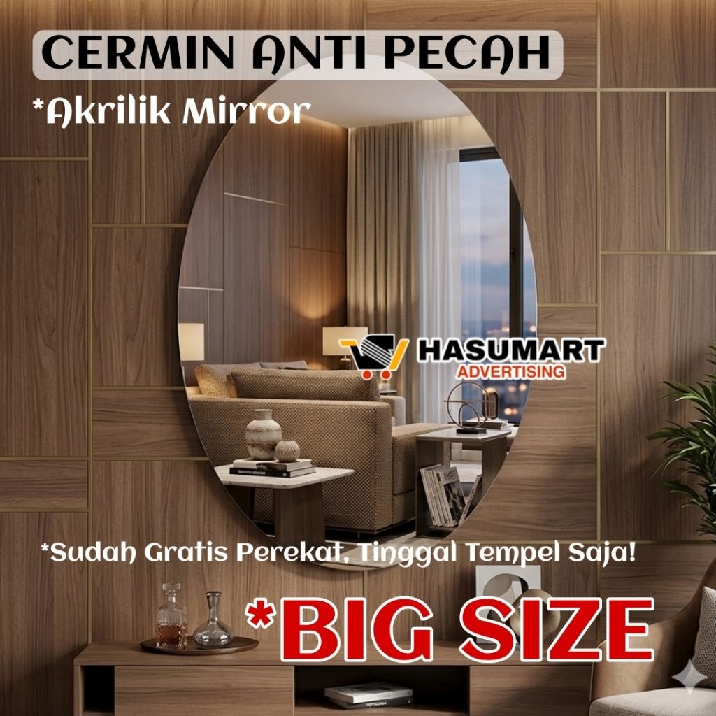 Cermin Akrilik Oval BIG SIZE (ANTI PECAH) / Cermin Dinding Tempel / Hiasan Dinding Cermin Kaca Akril