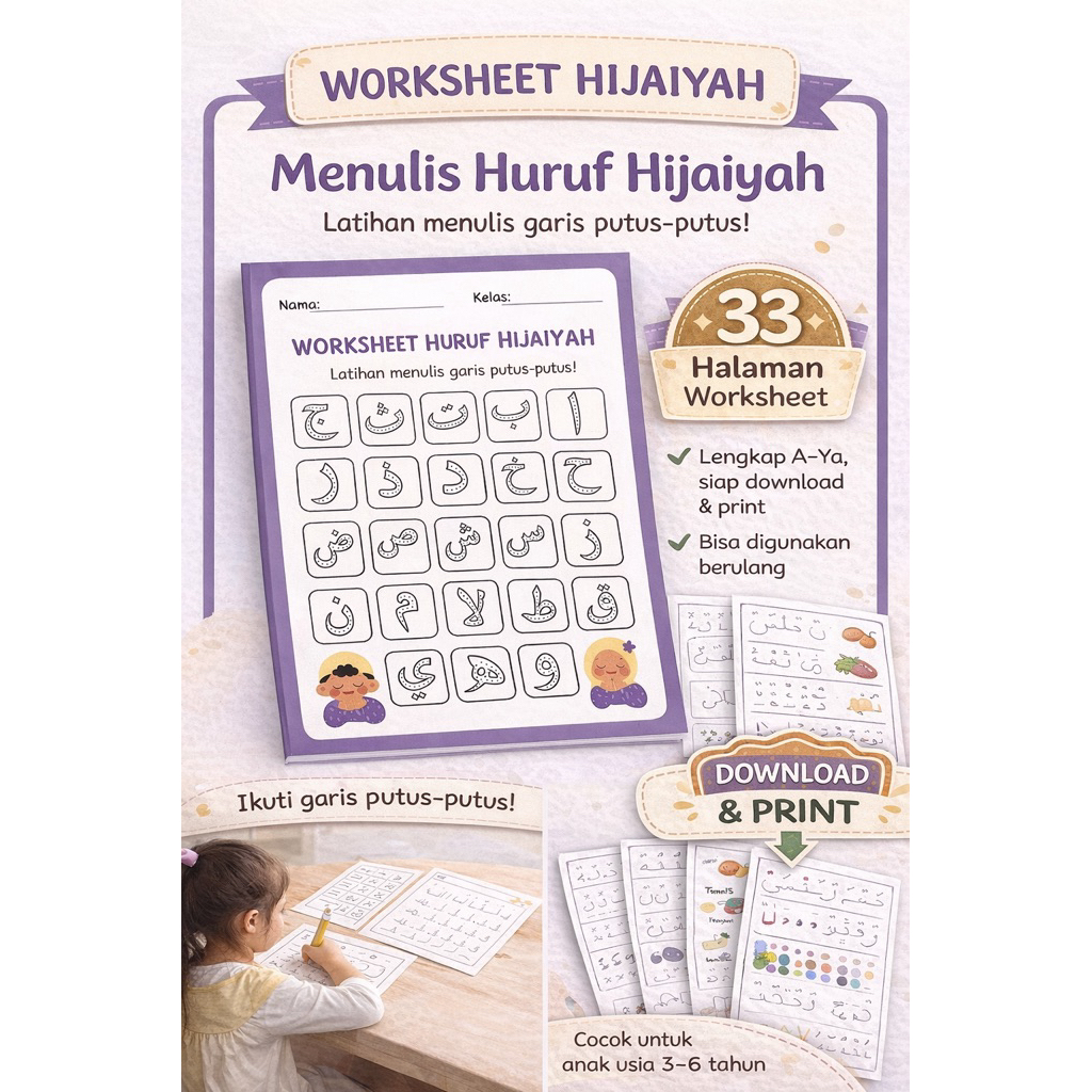 Worksheet Huruf Hijaiyah 33 Halaman Anak | Latihan Menulis Arab | Printable & Laminating Wipe Clean