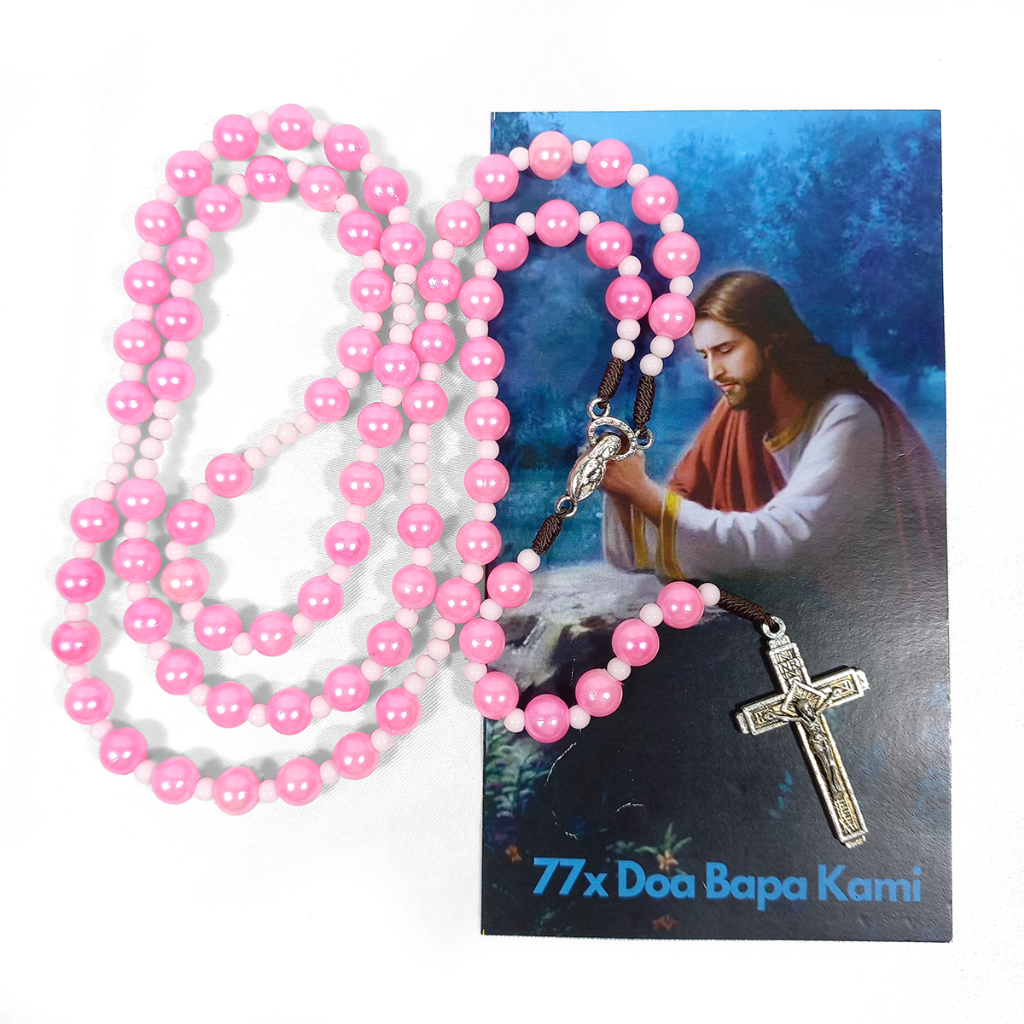 Kalung Rosario 77 Bapa Kami Bahan Parel Warna PINK - Rosario 77x Doa Bapa Kami - Rosario 77 Bapa Kam