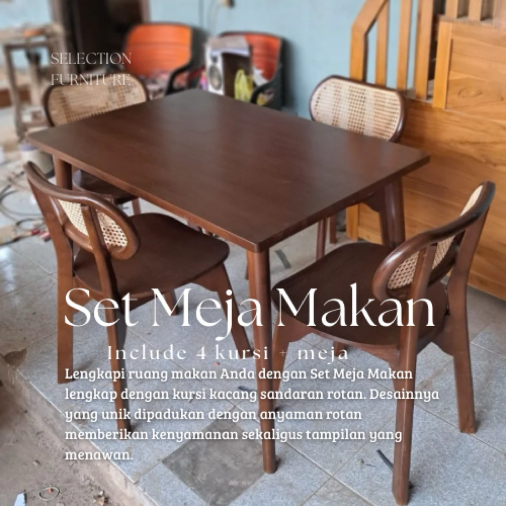 Set meja makan 4 kursi - kursi cafe sandaran rotan jati minimalis