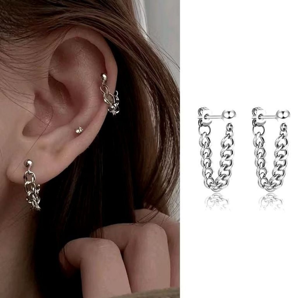 Anting Pria Wanita Rantai Gantung Modis Baja Titanium warna perak-1 PASANG