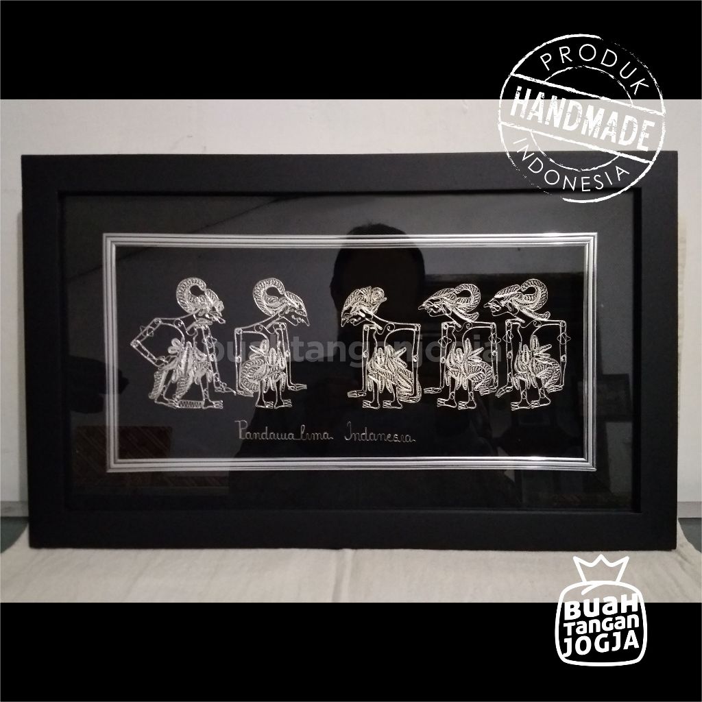 Wayang Pandawa Lima Lapis Perak + Label Custom - Kerajinan Khas Kotagede Jogja - Frame 50x30 cm