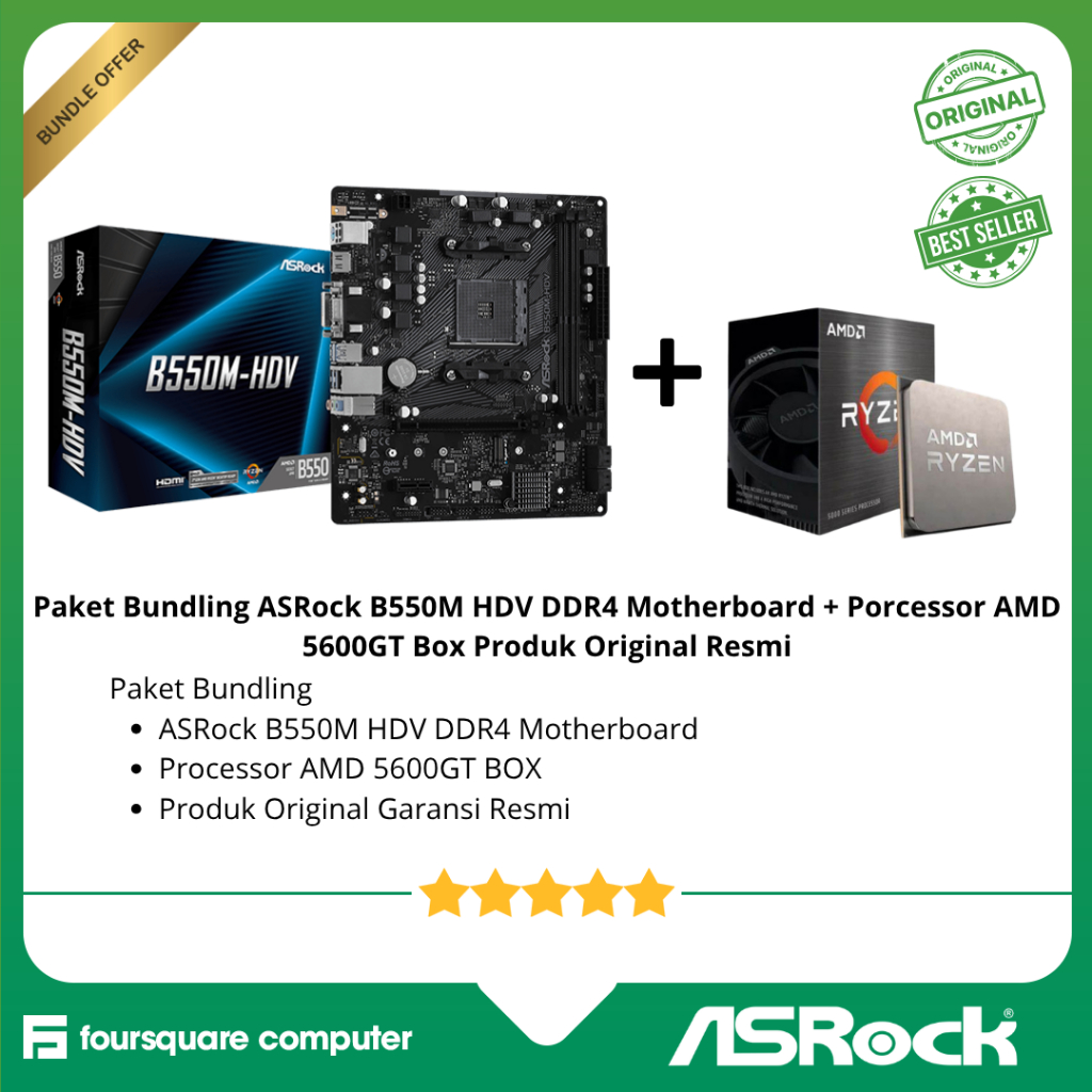 Paket Bundling ASRock B550M HDV DDR4 Motherboard + Porcessor AMD 5600GT Box Produk Original Resmi