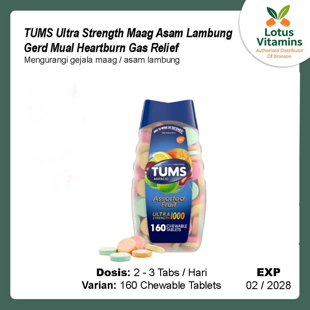 TUMS Ultra Strength Maag Asam Lambung Gerd Mual Heartburn Gas Relief - Fruits 160 Chewable Tablets