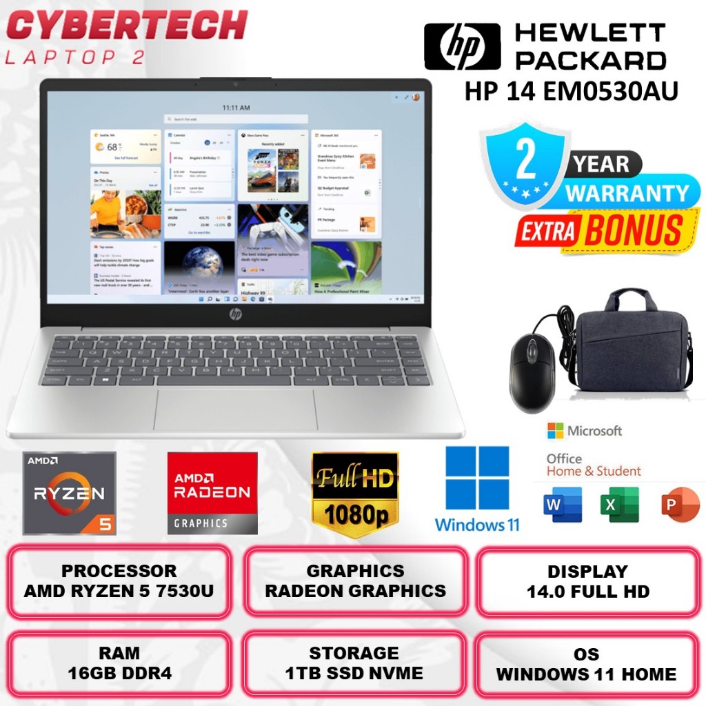 Laptop BARU HP 14S AMD Ryzen 5 7530U Ram 16GB SSD 512GB 14.0 FHD Windows 11 Garansi Resmi 2 Tahun