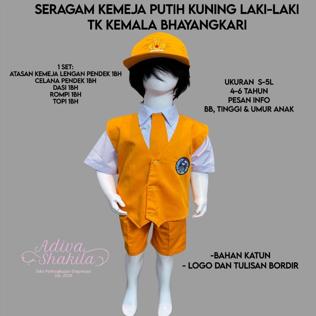 ADIVA - SERAGAM KEMEJA PUTIH KUNING LAKI- LAKI TK KEMALA BHAYANGKARI ECERAN | KEMEJA PANJANG/ PENDEK