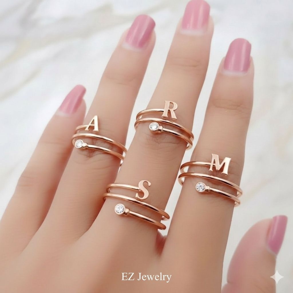 Cincin Inisial Huruf Custom Wanita Suasa Asli Lapis Emas – Gold Rose Gold Silver | EZ Jewellery