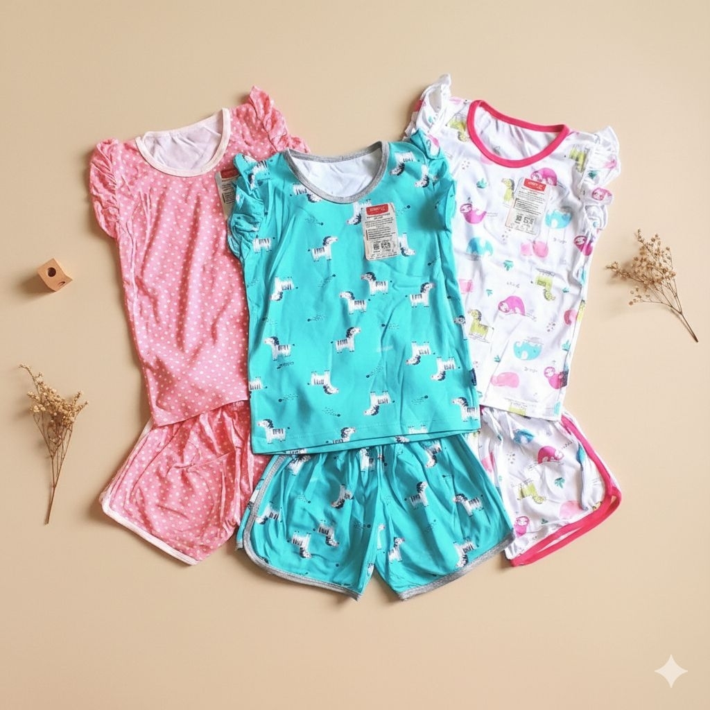 Little Q Setelan  Anak Perempuan Set Pendek Ruffle  Size XXL