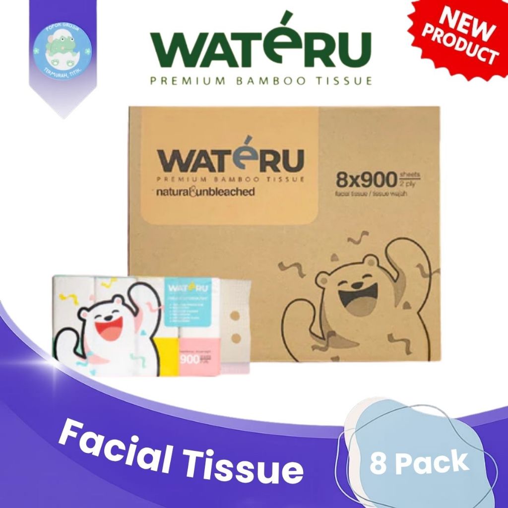 [GROSIR 1 DUS] Wateru Bamboo Facial Tissue 900 Sheets - Isi 8 Pack Kartonan