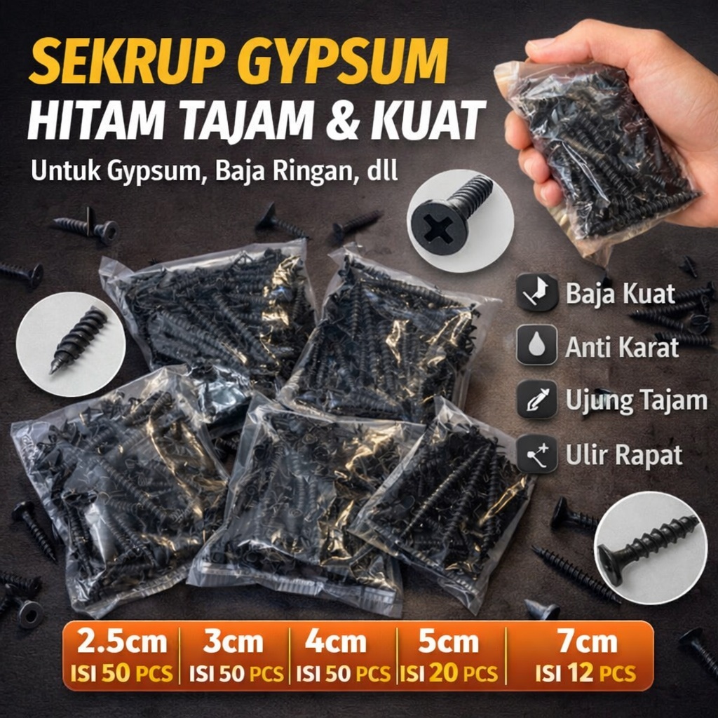 Sekrup Gypsum Hitam Kecil 2,5 / 3 / 4 / 5 / 7,5 cm | Sekrup Gipsum Baja Kuat Anti Karat | Isi 50 & 2