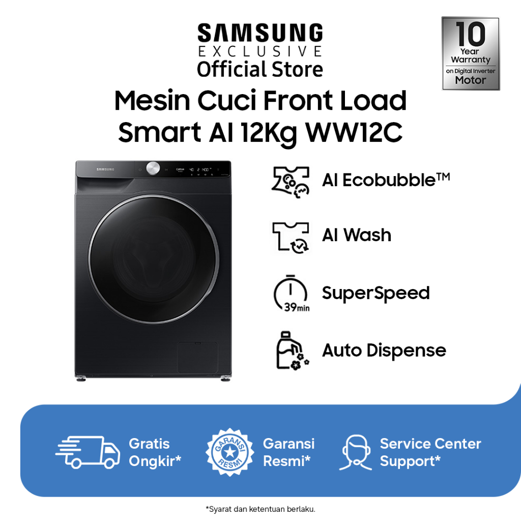 Samsung Mesin Cuci Front Load Washer 12Kg | AI Ecobubble™ | AI Wash | SpaceMax™ | WW12CGP44DSBSE