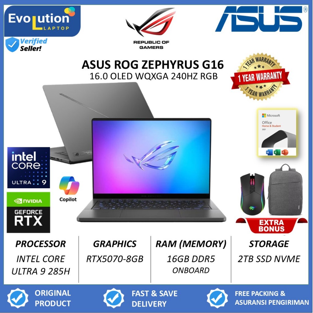 Laptop Asus ROG ZEPHYRUS G16 INTEL CORE ULTRA 9 285H 16GB DDR5 1TB RTX5070-8GB 16.0 OLED