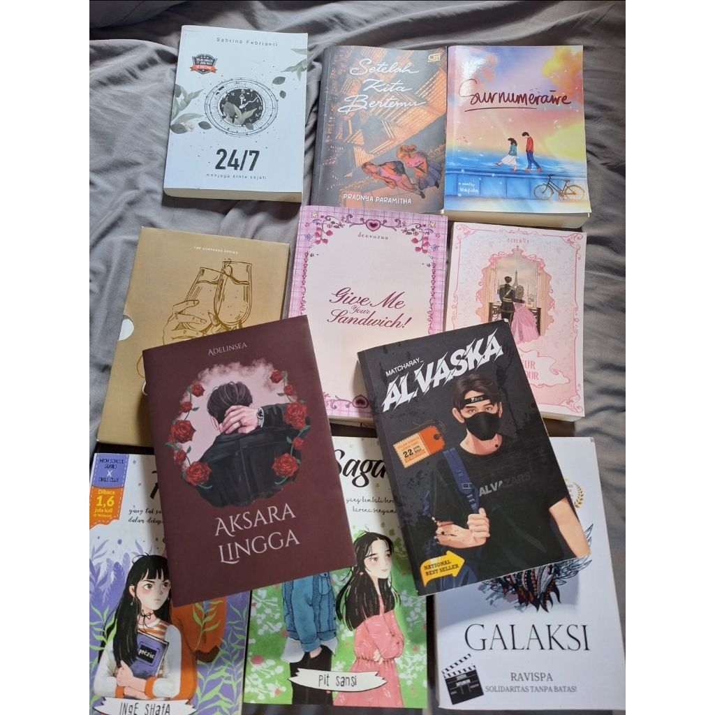 PRELOVED NOVEL AKSARA LINGGA, LEAD MAGNET, GALAKSI, 24/7, GIVE ME YOUR SANDWICH, ALVASKA, SETELAH KI