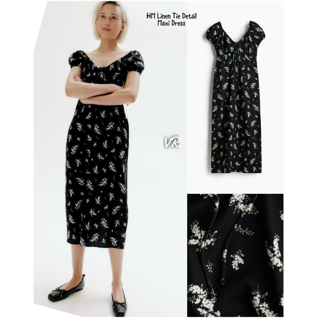 [ HM 04 ] DRESS LINEN BLACK TIE MIDI DRESS HM