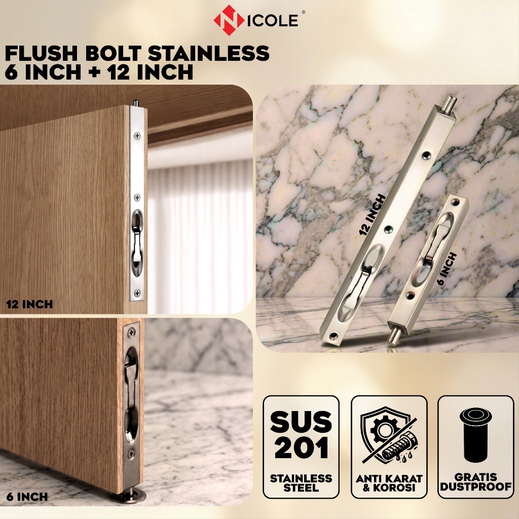 Nicole 1 Set Grendel Tanam Stainless Pintu Kupu Dobel Grendel Slot Pintu Flush Bolt Anti Karat