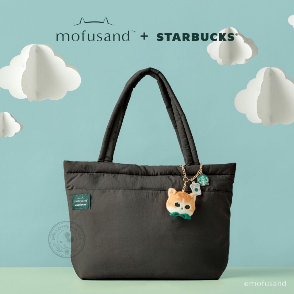 Starbucks Mofusand Classic Charcoal Puffer Tote Bag with Kitty Cat Bag Charm Tas Bantal Hitam Fashio