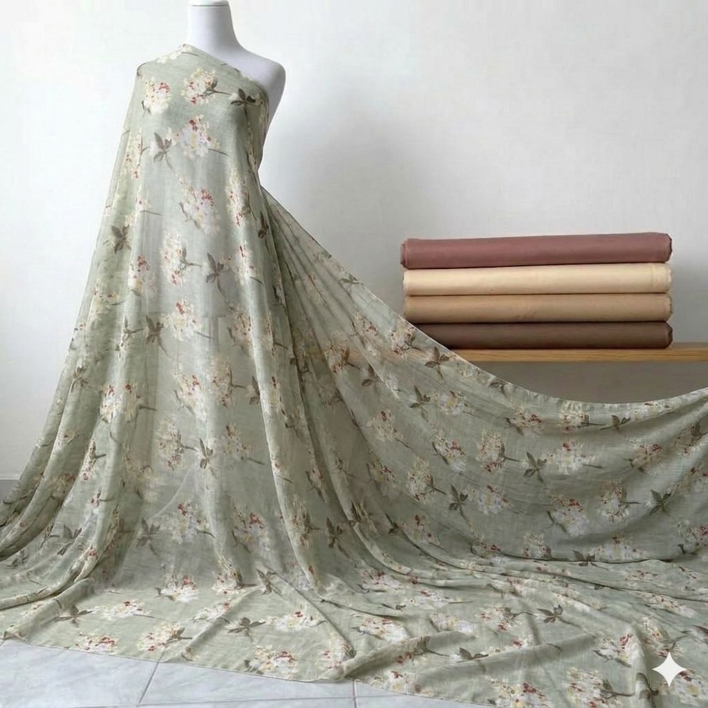 Kain Katun Silky Motif Bunga Vintage Sage Green – Halus Adem Premium Kyt