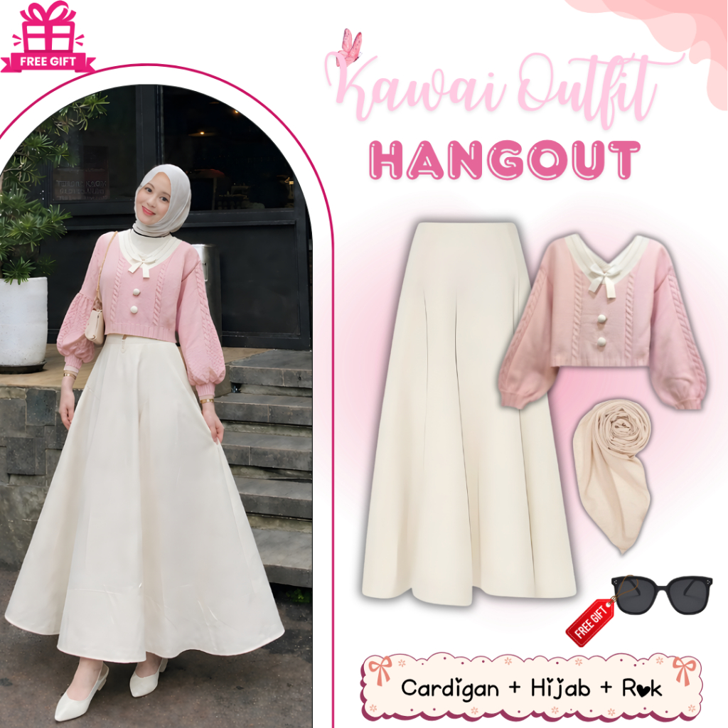 Kawai Set Outfit Hangout remaja ( Cardigan, Rok, Hijab ) OOTD Nongki Hijab Kekinian S98