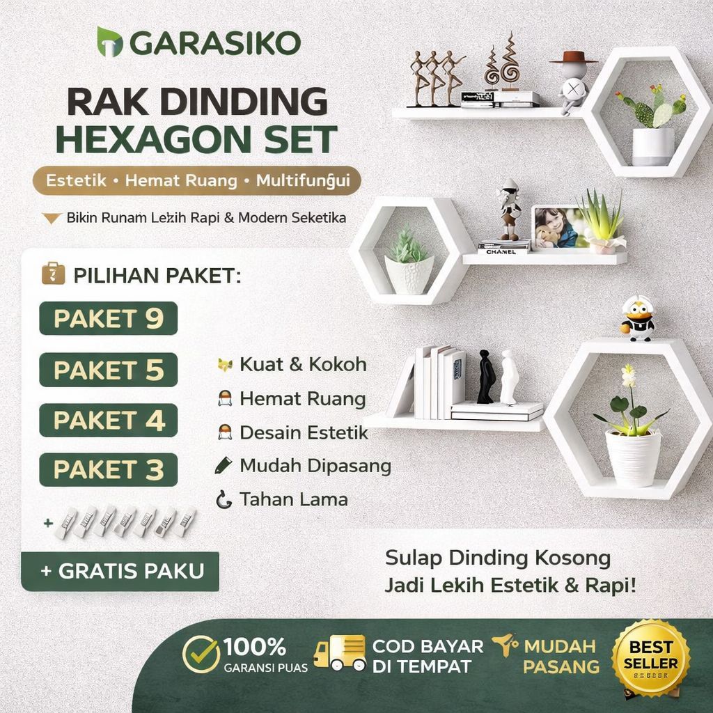 Hiasan Dinding Kayu Aesthetic Hexagonal Ruang Tamu Kamar Tidur 1 Set Murah I Rak kamar tidur cowok p
