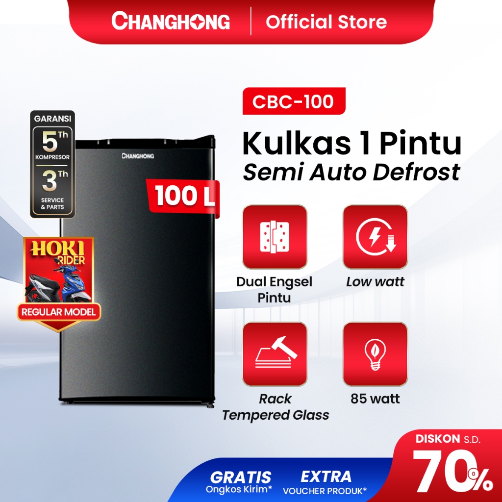 Changhong Kulkas 1 pintu (Refrigerator) Lemari Es Kapasitas 100 Liter – Black CBC 100 (Semi Auto-Def