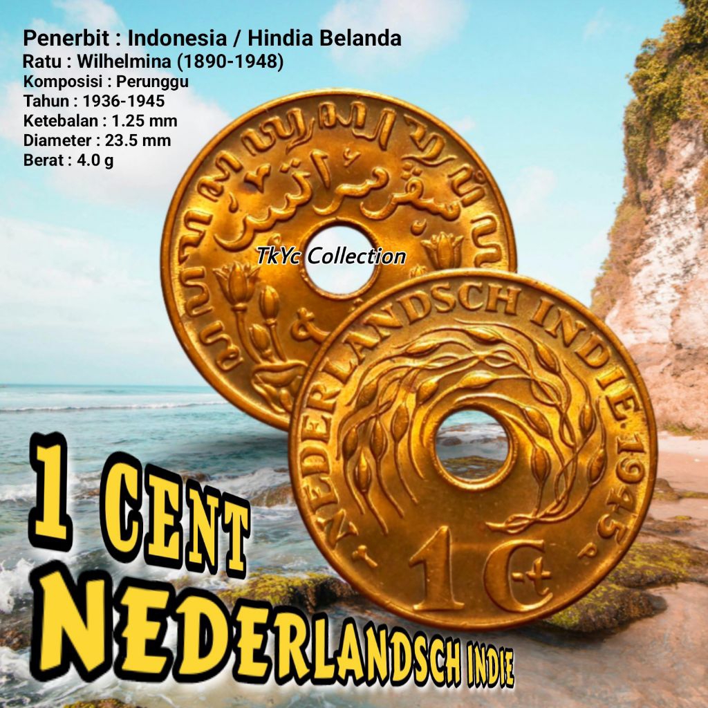 UKI001Coin 1 Cent Bolong (Nederlandsch Indie) Variasi Thn 1942p-1945d-1945p-1945s Lustre Original As