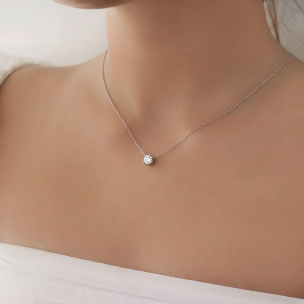 GIRLZY Kalung Wanita Tiffany Silver Berlian Tunggal Bulat Necklace Titanium Anti Karat Simple Mewah 