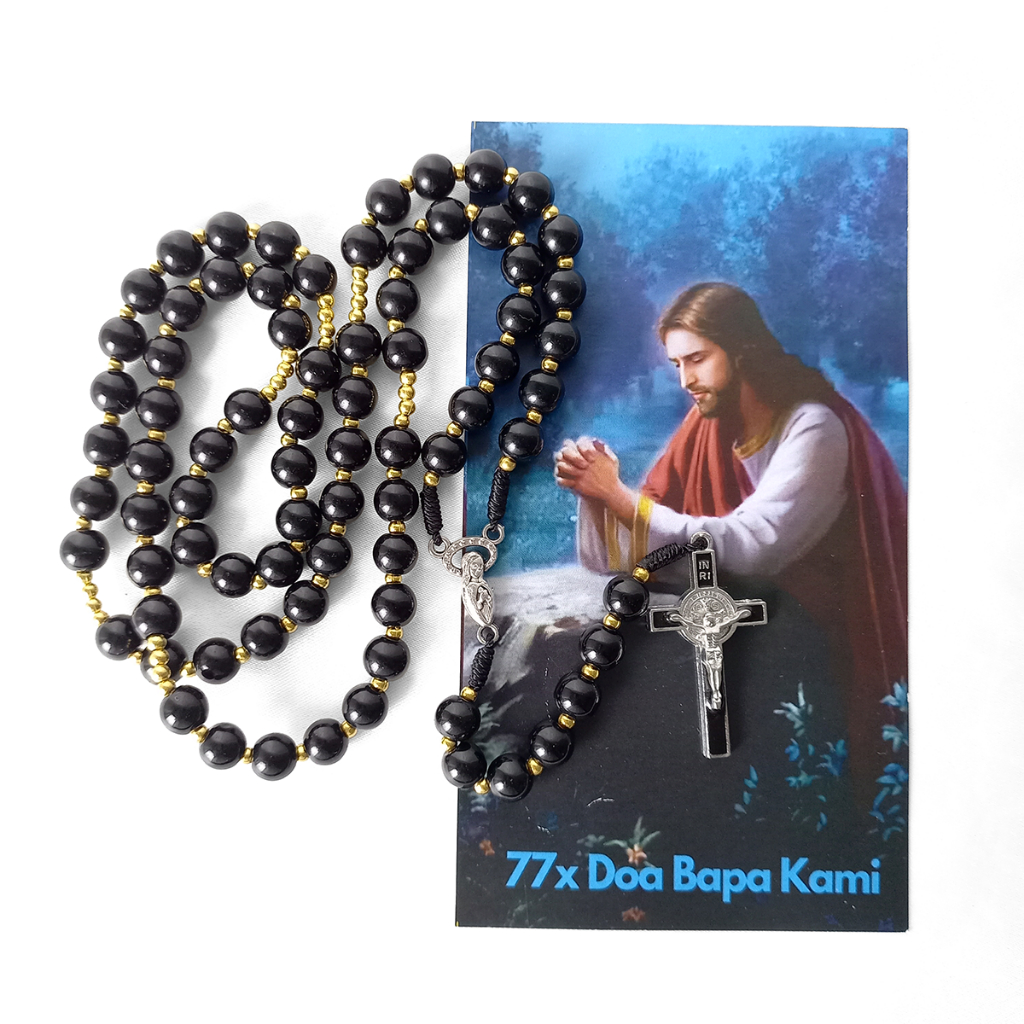 Kalung Rosario 77 Bapa Kami Bahan Batu Giok Warna Hitam Glossy - Rosario 77x Doa Bapa Kami - Rosario