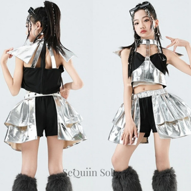 Sequiin Sole Metalic Set Kids Dance Costume/Set Baju Dance Anak Hip Hop/Kpop Silver Black