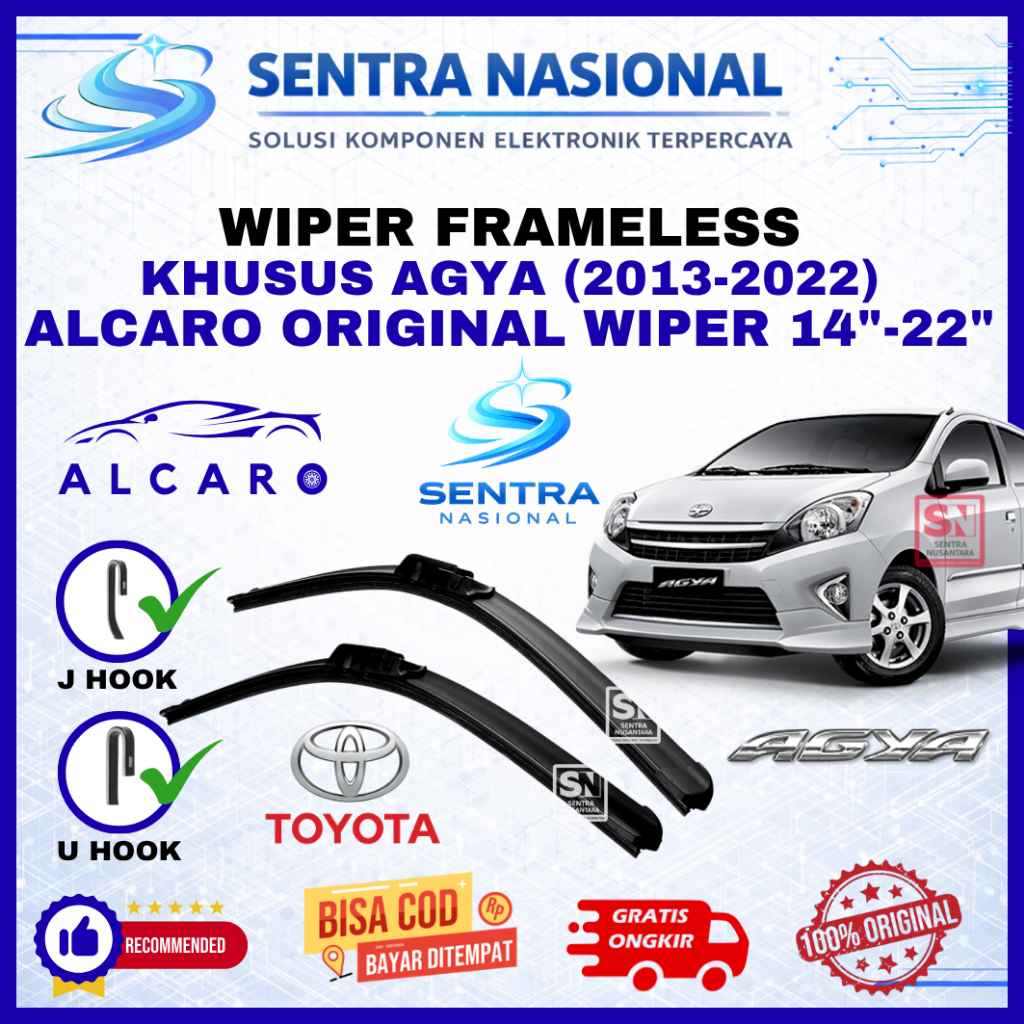 Wiper Mobil Agya (2013-2022) Merk ALCARO ORIGINAL | Wiper Kaca Mobil Toyota Agya Model Frameless Pre