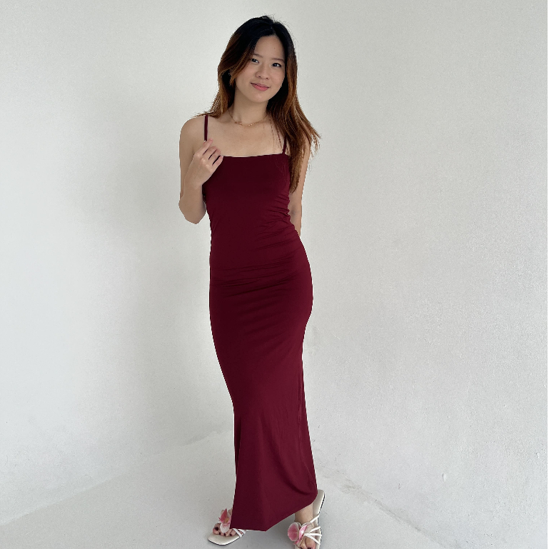 [Lolabae] JINHE Terusan Wanita | Bodycon Long Maxi Dress | Terusan Polos Spaghetti Strap | Hijab Fri